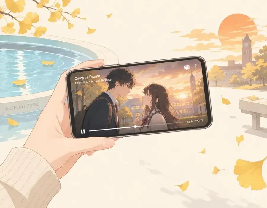 午马电影 APP 界面插画：手中手机播放校园许愿池场景的短剧集