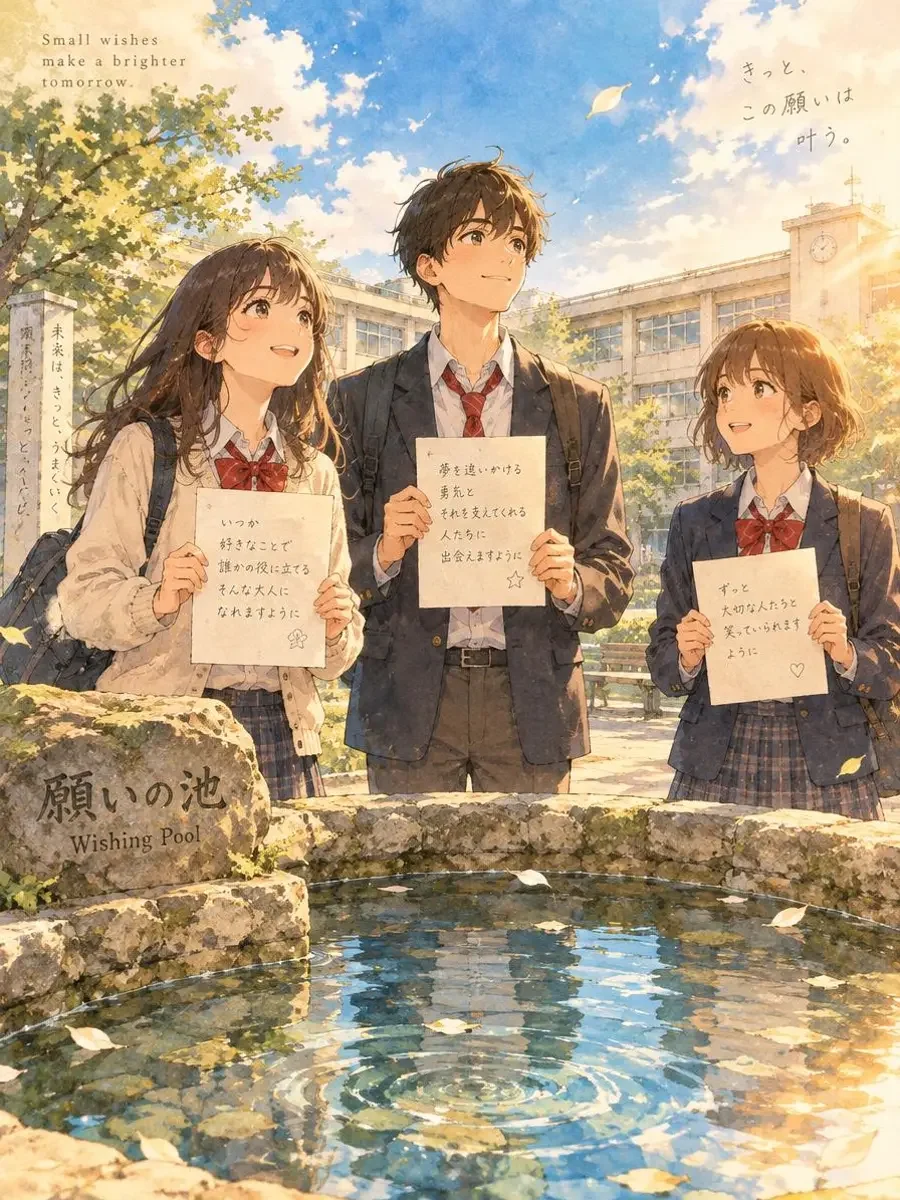 《许愿池旁的朗读》封面插画：校园许愿池旁三名朗诵社学生手持手写诗稿，晴空与橘色夕光
