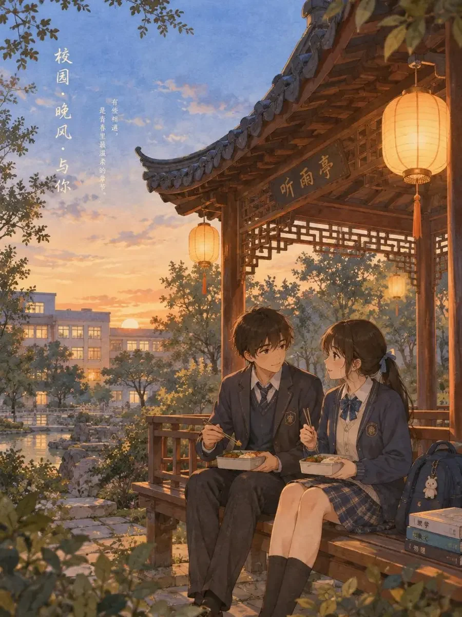 《书院小亭的晚自习》封面插画：校园小亭木凳上两名学生分一盒饭，暮色中暖黄灯笼
