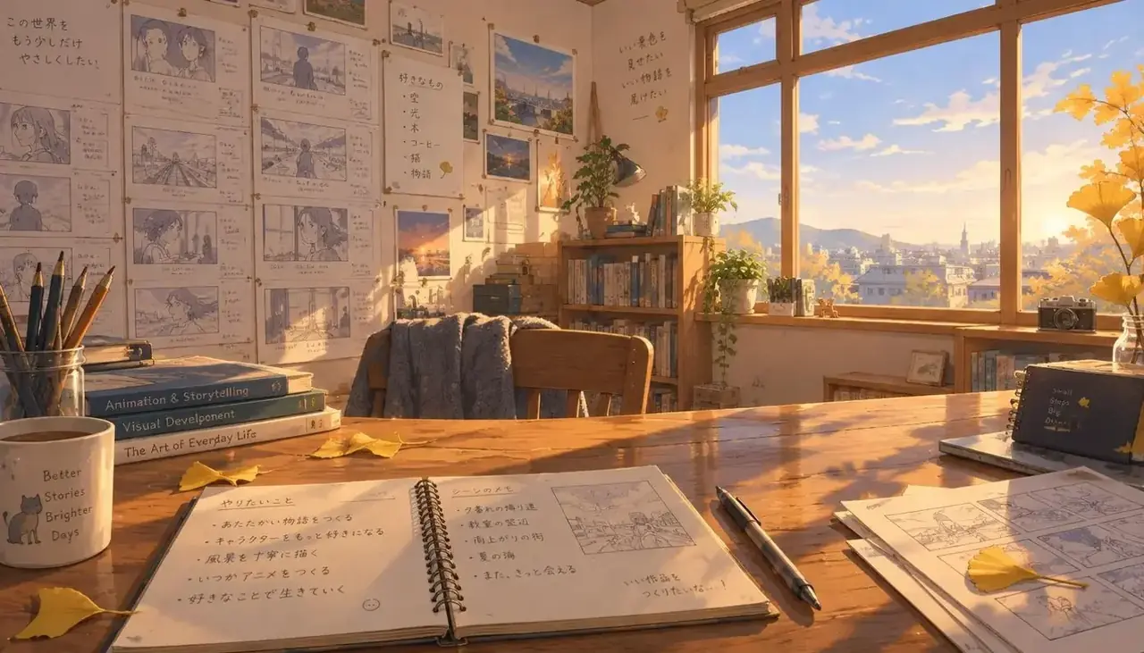 午马电影创作工作室插画：米白墙面贴满分镜稿，木桌上有手写笔记本与银杏叶